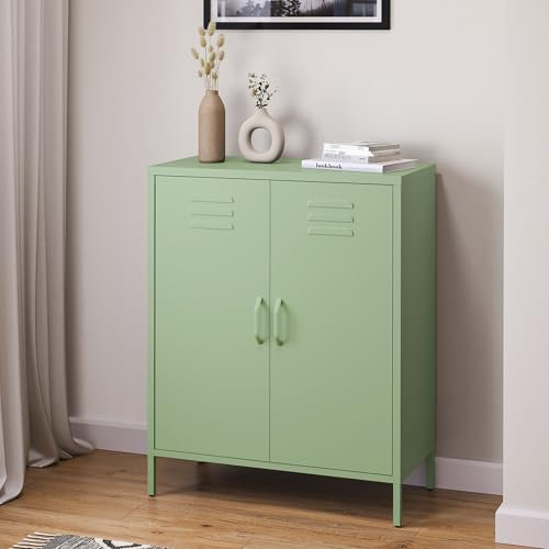 skølm Kommode Atria grün, Sideboard für Wohnzimmer, Metall Kommode mit Doppeltür, Metallschrank, Mehrzweckschrank Größe 100x80x38 cm