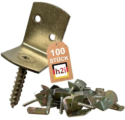 h2i Flechtzaunhalter | Stahl gelb verzinkt | 100 Stück | Flechtzaunbeschlag in L-Form aus Metall | langlebige rostfreie wetterfeste Zaunbefestigung für sicheren robusten und stabilen Stand