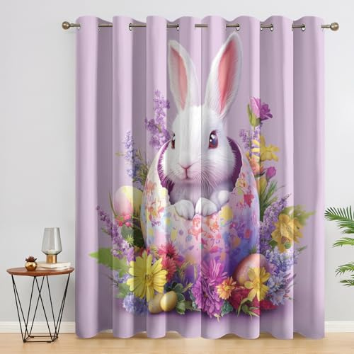 Generisch Vorhänge Osterhase Wohnzimmer Schlafzimmer, Gardinen Ostern Kaninchen Blumen mit Ösen, Fenster Vorhang Blickdicht, Verdunklungsvorhänge Thermovorhang, 2er Set Curtains, H 245 x B 140 cm