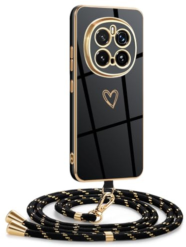 Mkej Hülle Kompatibel mit Honor Magic 7 Pro Hülle mit Band, Galvanik Silicone Handyhülle mit Herz Love Design, Abnehmbar und einstellbar Handykette für Honor Magic 7 Pro - Case in Schwarzes Gold