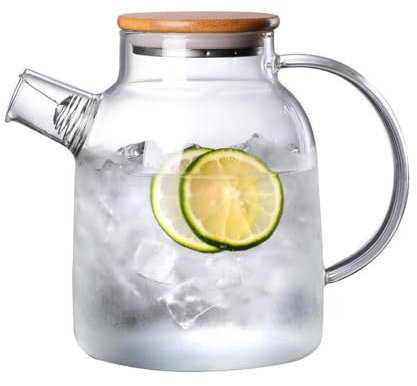 Tetera con Colador, Tetera De Cristal con Tapa de Madera, Jarra de Cristal Resistente al Calor, Tetera de Vidrio, 1800 ml, con Colador para Té, Té Aromatizado y Bebidas de Frutas
