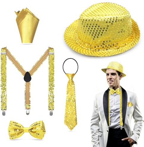 5 Stück Disco Glitzer Accessoires Herren Pailletten Hosenträger Kostüm Set mit Glitzer Hut Fliege Krawatte Hosenträger Einstecktuch,Glitzer Outfit Accessoires Herren für Karneval Jazz Dance (Gold)
