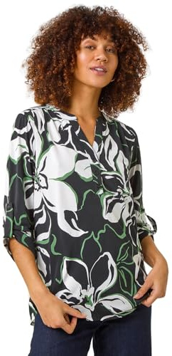 Roman Originals Shirt for Women UK Ladies Top Collarless Blouse Stretchy Tunic Smart Casual Autumn Winter Jersey 3/4 Length Sleeve Notch V Neck Flattering Office Work - Floral Black - Size 14