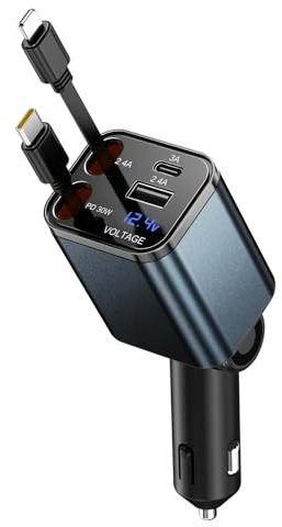 BENTOBEN Allume Cigare USB C,4 en 1 Rétractable Chargeur 69W pour Automobile, Câbles 80cm avec USB C et A,Charge Rapide Accessoire Voiture 12V pour iPhone/Galaxy/iPad Huawei Xiaomi AirPods Switch