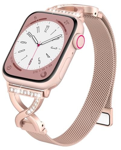 Slim Milanese Loop Compatible with Apple Watch Straps 38mm 40mm 41mm 42mm 44mm 45mm 46mm Series 10 9 8 7 6 5 4 3 2 1 SE Womens,Thin Magnetic Metal band with X-Shape Diamond Clasp for iWatch Straps