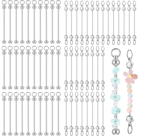 YMTWSRY 60 Pcs Bead Keyring Making Kit, Silver Blank Beadable Keychain Making Kits for DIY Jewelry Keychains Accessories (Round & Flower-Shaped)
