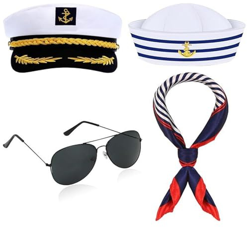 Kapitän Kostüm Set, 4-teiliges Kapitänsmütze Matrosenmütze Accessoire für Nautische Themenpartys, Karneval und Rollenspiele, Inklusive Schal und Sonnenbrille, Unisex für Erwachsene und Jugendliche