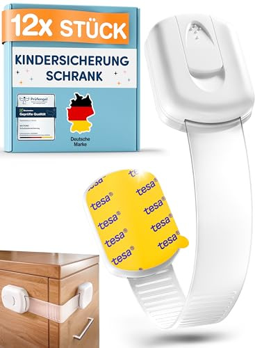 MUTKIND 12 Stück Kindersicherung Schrank - (Mit Kleber von TESA) Schranksicherung Baby - Längenverstellbar - Schubladensicherung Baby für Schränke, Kühlschrank, Tür - Kindersicherung Schubladen Weiß