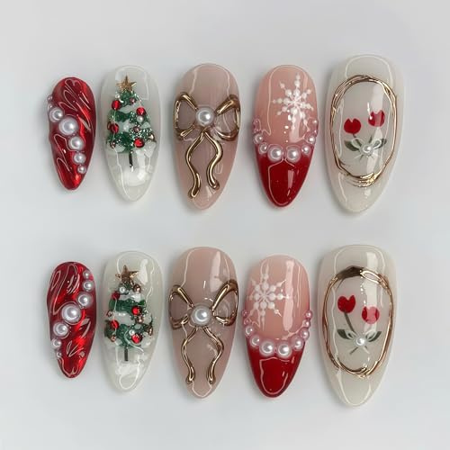 Auroriel 24 Stücke Niedliche Weihnacht Aufklebe Nägel Weiße Schneeflocken Und Weihnachtsbaum Falsche Nägel Mittel Mandel Französisch Spitze Glitzer Perlen Aufkleben