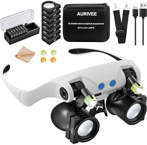 AURIVEE Kopfband-Lupe mit Licht,7 Wechselbare Linsenpaare (3X-15X) für Juweliere Uhrenreparatur - Aufladbare LED Lupenbrille für Feinarbeit, Handwerk, Elektronik & Modellbau