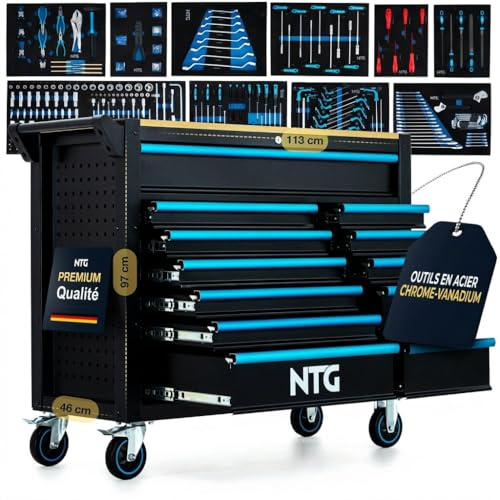 NTG Werkzeugwagen XXL 471-tlg. bestückt - 12 Schubladen Holzarbeitsplatte | Profi Werkstattwagen aus Metall - abschließbar - mobil auf Rollen - für Garage & Werkstatt im Profi-Einsatz