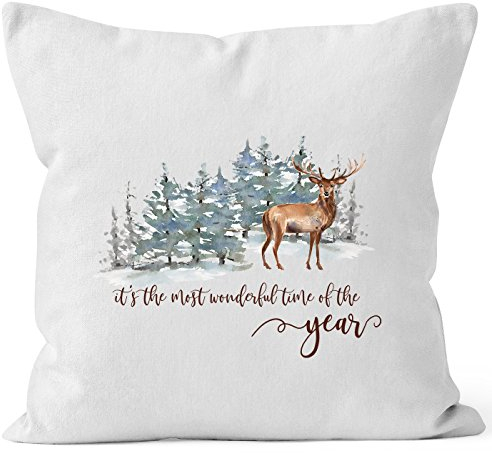 Autiga Kissenbezug Weihnachten It`s The Most Wonderful time of The Year Hirsch Weihnachtsmotiv weiß 40cm x 40cm