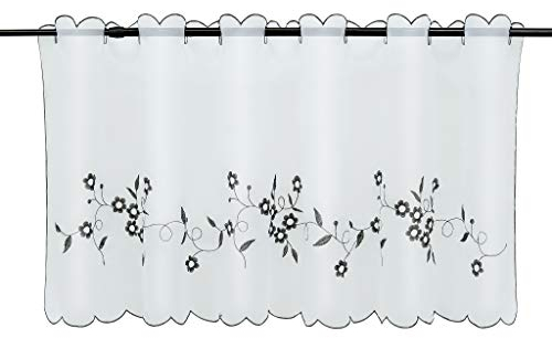 Joyswahl Felizia 1 Pièce Rideau Brise-Bise Perforé Passe Tringle en Polyester Petit Voilage avec Broderie de Fleurs en Dentelle Transparent Maison de Campagne Décor de Fenêtre Gris HxL 60x120CM