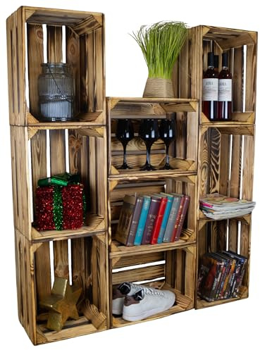 Kistenkolli Altes Land geflammte Holzkiste Bella 40 x 30 x 25cm Holzkiste Apfelkiste Weinkisten Regalkisten Aufbewahrungskiste (9er Set Bella)