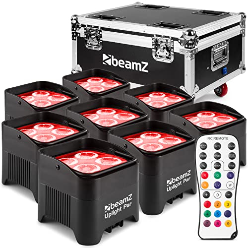 BeamZ BBP94 Uplight LED Par Strahler, 4er Set mit Tasche, 4 x 10 Watt, Akku Bühnenbeleuchtung 4er Set für DJ Pult, Bühnenlicht, DMX-WLAN, Partylicht Musikgesteuert, Bühnenequipment, Fernbedienung