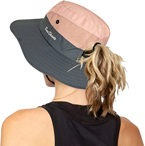 Damen Outdoor UV-Schutz Faltbare Sonnenhüte Mesh Breiter Rand Strand Fischerhut mit Pferdeschwanzloch, Pink, Einheitsgröße