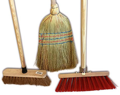 Lot de 3 ensembles de 3 balais d'extérieur | Cantonnier brosse PVC 32 cm | Fibres de coco naturel 29 cm | Paille de riz 35 cm | Manches bois | Kibros 3LOTBx3