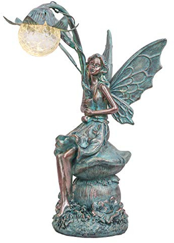 TERESA'S COLLECTIONS Gartenstatuen, Feenskulpturen und Statuen, Solarleuchte für den Außenbereich, Kunstharz, Patina, Bronzefiguren für den Außenbereich, Valentinstagsdekoration, Geschenke für Frauen | Solar-LED-Feenstatue mit Patina, Bronze, leuchtend, für den Außenbereich, Kunstharz, Gartendekoration für Hof, Terrasse