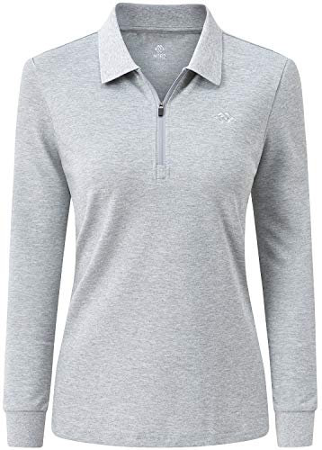 MoFiz Women's Sports Polo Shirts Long Sleeve Cotton Breathable Golf Tennis Gym Running Tops with 1/4 Zip Grey Size M