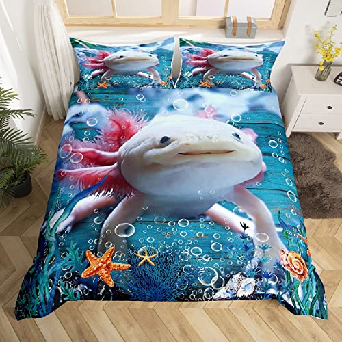 feelingyou Süßes Axolotl Bettwäsche-Set 135 * 200+80 * 80 * 1,Seetang-Koralle Conch Bettbezug für Kinder Meereswesen Themen Bettwäsche Bettbezug-Set Dekorativ 2 Stück