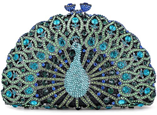 MOSSMON Abend-Clutch mit Pfauenmotiv, mit Strasssteinen, glitzernd, für Braut, Hochzeit, Party, für Damen, Schwarz/Grün, L