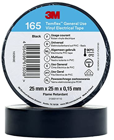 3M Temflex Cinta aislante de vinilo 165 negro, 25 mm x 25 m, 10 rollos