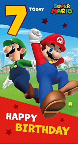 Danilo Promotions LTD Super Mario 7. Geburtstag, Kinder-Geburtstagskarte für 7. Geburtstag, Super Mario Karte für Kinder, offiziell lizenzierte Geburtstagskarte, mehrfarbig, 22,9 x 12,7 cm