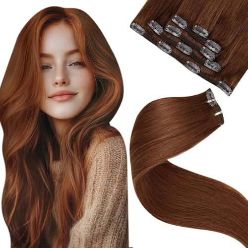 LaaVoo Clip in Extensions Echthaar Braunrot Hair Extensions Clip in Rot Braun 30cm Doppelt Tressen Haarverlängerung Echthaar Clip in Remy Human Hair Glatt 70g 5pcs #33