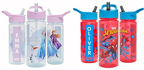 Disney Frozen Magic Personalised Sticker Water Bottle with Straw 500ml Purple & Marvel Spider-Man Personalised Sticker Water Bottle with Straw 500ml, Red & Blue