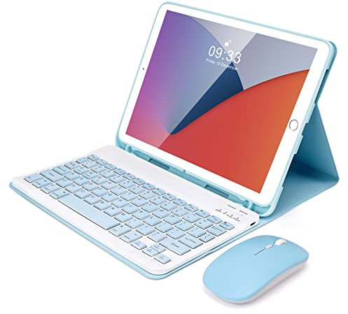 SOPPY Bluetooth Keyboard Case with Mouse for iPad 9th Gen 2021, 8th Gen 2020, 7th Gen 10.2 2019, Air 3 & Pro 10.5, Detachable Wireless, Slim Protective Cover, with Pencil Slot, UK Layout, Blue