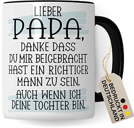Papa Tasse lustig Kaffeetasse für Väter Geschenkidee Vater Kaffee-Becher Humor Vatertag Geschenk Papi von Tochter Witz Danke dass du mit beigebracht hast ein richtiger Mann zu sein (Weiß/Schwarz)