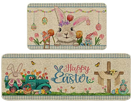 Ostern Fussmatten FußMatte Frühling Häschen Ma-tte -Küchenteppiche und -matten, 2er-Set, gepolsterte Anti-Ermüdungs-Küchenbodenmatte, rutschfest, Fußmatte rutschfest Türmatteschmutzfangma-tte