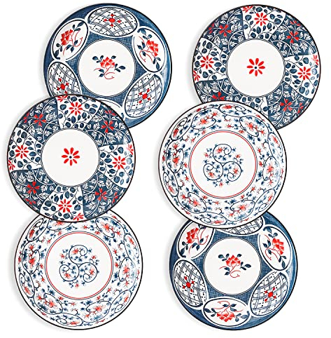 fanquare Juego de Platos de 20cm - Platos para Postre, Ensalada en Azul y Blanco, Platos de Almuerzo de Porcelana Japonesa Estilo Pequeño de 6 Piezas