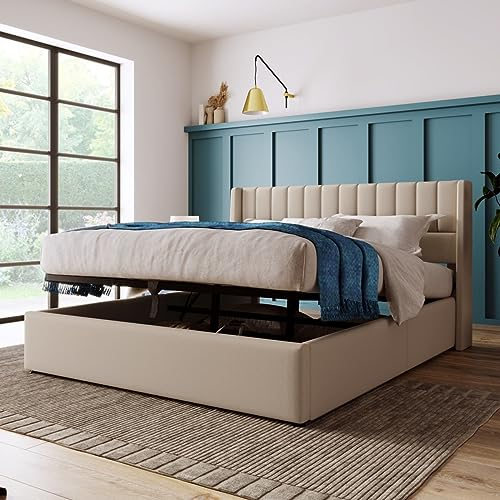 Sweiko Lit rembourré 180x200 cm, lit hydraulique en lin avec son design à rayures verticales, sommier à lattes moderne avec espace de rangement, lit fonctionnel de rangement avec cadre en métal Beige