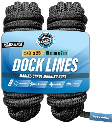 Cuerdas y amarras de Nylon de Primera Calidad para embarcaciones y pontones | Cuerda Marina de Doble Trenzado | Cuerdas para embarcaciones con Lazo para Amarre (Black, 5/8 x 25')