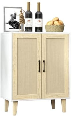 Panana Aufbewahrungsschrank, Rattan Sideboard Schrank mit 2 Rattan-Türen, Küche Akzentschrank mit Massivholzfüßen, Buffetschrank für Esszimmer, Flur, Eingang, Wohnzimmer (Weiß)