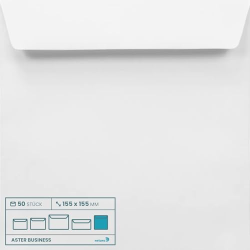 Netuno 50 quadratische Umschläge Weiß 155 x 155 mm 100g Aster Business Briefumschläge quadratisch ohne Fenster haftklebend Geschäftsumschläge Premium Papier Umschläge Briefkuverts Briefhüllen elegant