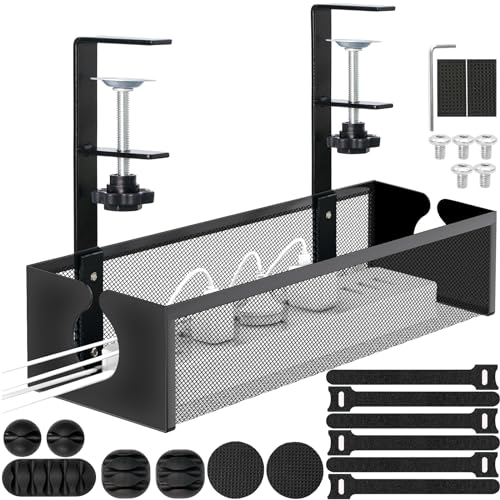 Kazaigou Under Desk Cable Management Tray, Black, 37cm x 37cm, Modern Style, Clamp Installation, Office & Home Use
