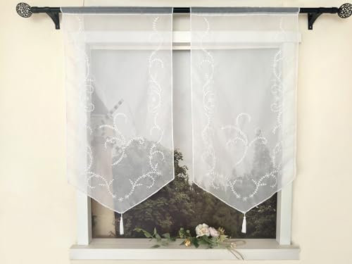 Devola Rideau brise-bise transparent avec broderie style maison de campagne - Avec pompon - Rideau de porte - H x l : 90 x 45 cm - Blanc - 1 pièce
