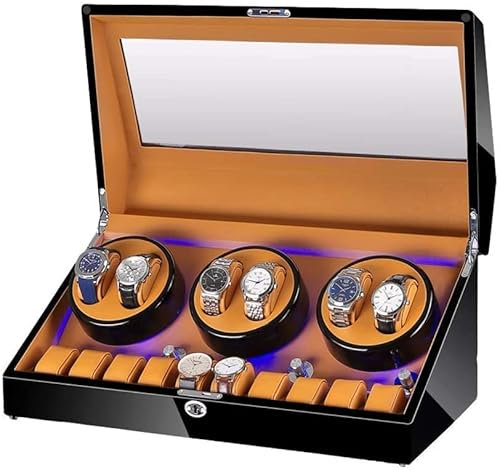 Automatic Watch Winder Box for 6 Clocks + 10 Storage Spaces Wood Shell Piano Varnish Finish Built-in Lighting Silent Engine beautiful scenery
