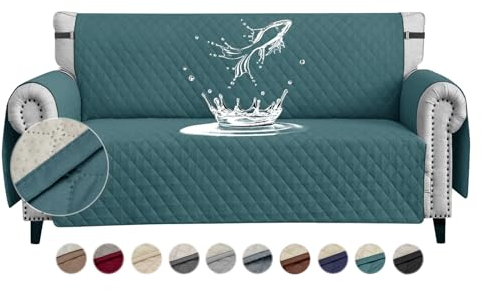 FIGOOO wasserdichte Sofabezug 3 Sitzer Dicke Sofaschoner Wasserdicht Reversible Gesteppte Sofa Überzug mit Seitentaschen Sofaüberwurf rutschfest Kratzfest für Haustiere Hunde Katzen,Grün
