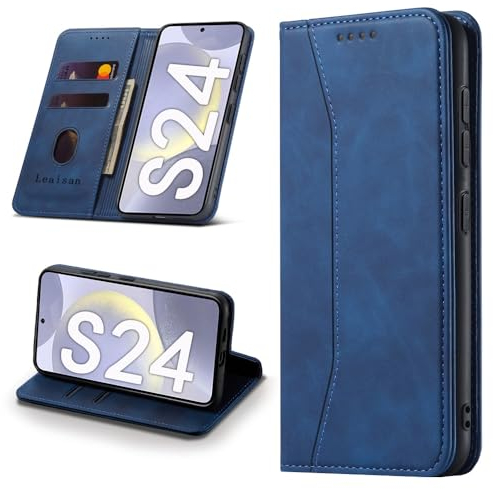 Leaisan Handyhülle für Samsung Galaxy S24 Hülle Premium Leder Flip Klappbare Stoßfeste Magnetische [Standfunktion] [Kartenfächern] Schutzhülle für Samsung S24 5G Tasche - Blau