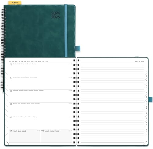 POPRUN Kalender 2025 Buchkalender A4 Notizbuch (Aug.2024-Dez.2025), ca. A4 (26,5 x 21,5 cm), Terminplaner, Wochenplaner 2025 Ringbuch mit Softcover, FSC®-Zertifiziertem Papier - Petrolgrün