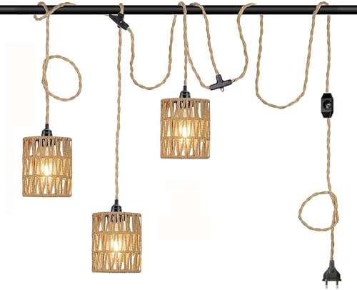 EcoGehen Plug in Hängelampe Pendelleuchte 3-Flammig mit Stecker Schalter E27 Lampenfassung Industrielle Hängeleuchte Küche Pavillon Rattan Lampenschirm Küchenlampe Pflanzenlampe 8,4M Hanfseil Kabel