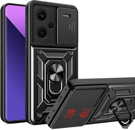 ESTH® Funda para Xiaomi Redmi Note 13 Pro Plus con Protección de Cámara Cubierta y Soporte de Anillo [Compatible con Soporte Magnético para Coche] Carcasa Grado Militar Anti-caída, Negro