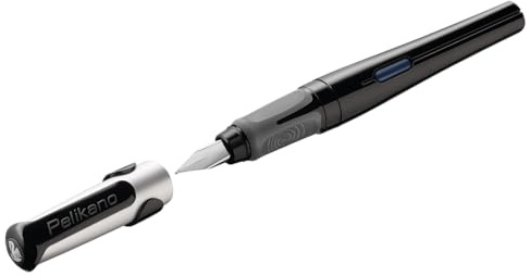Pelikan Pelikano Original Füllhalter Schwarz, für Linkshänder, Feder L, inkl. 1 Großraumtintenpatrone Königsblau – Soft-Griffzone, Edelstahlfeder – Made in Germany