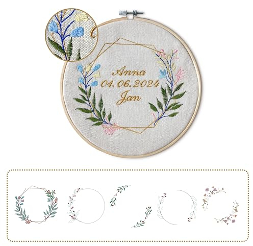 Stickrahmen mit Namen und Datum bestickt - Personalisiertes Geschenk zur Hochzeit oder Verlobung (Weiß)
