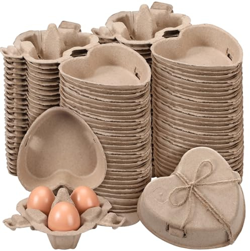 FoldTier Eierkartons, 3 Stück, herzförmiger Papier-Zellstoff-Eierbehälter mit Jute-Schnur, wiederverwendbare Körbe, Halter für Hinterhof, Aufbewahrung von Hühnerliebhabern, Geschenke (100 Stück)