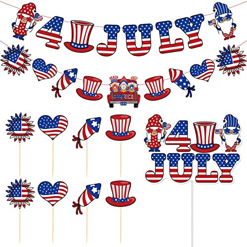 4. Juli Banner und Topper,4. Juli Banner Cake Topper | US-Wimpelkette, Banner mit amerikanischer Flagge - Banner und Kuchendekorationen, USA Cupcake Toppers Stick Flags Banner, 4. Juli