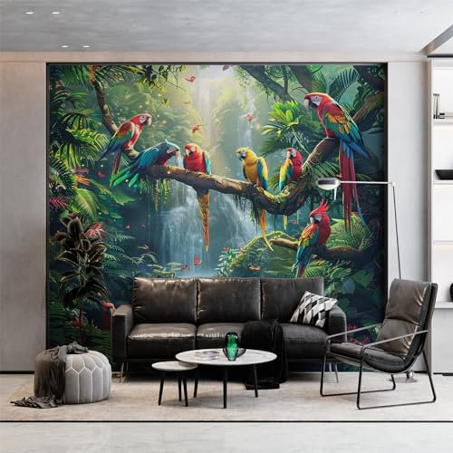 Fototapete Grün 3D Wandbild, Dschungel Tier Vogel Papagei Wasserfall Wanddeko Tapete Vlies Tapeten, 300 x 210 cm (WxH) Fotoplakat für Wohnzimmer Küche Schlafzimmer Wandkunst Art Fototapete